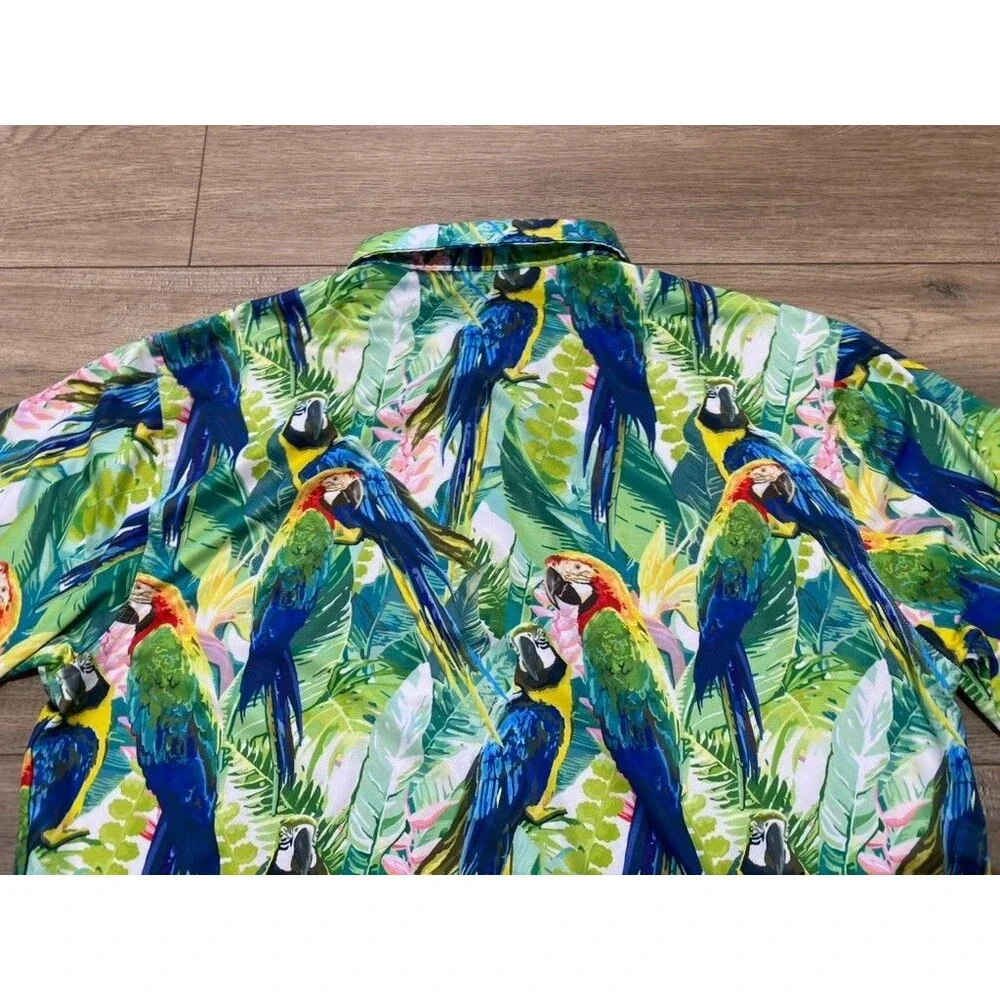 Waggle Golf Polo Shirt Mens L Blue Parrot Floral AOP Performance Stretch Wick - Picture 7 of 7